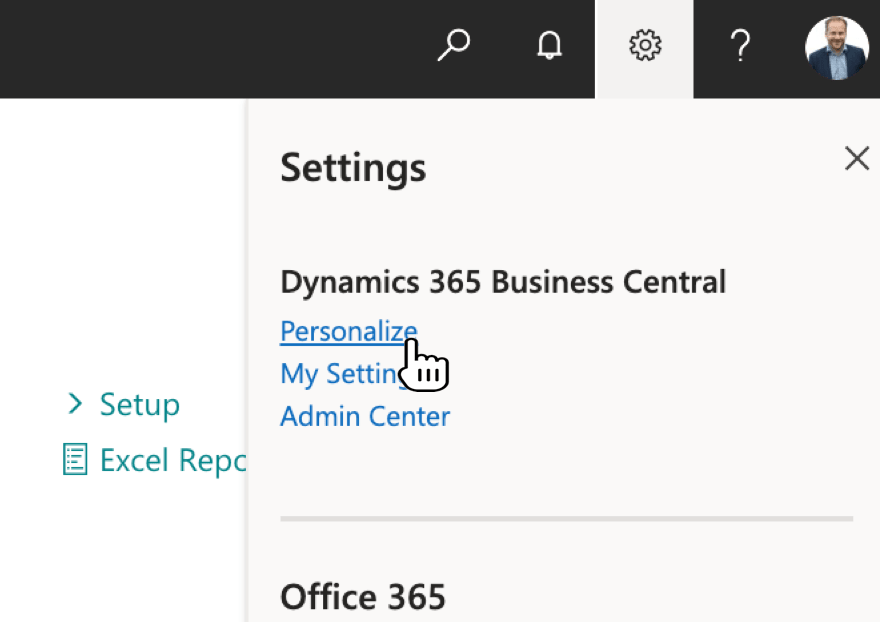 Select the function Personalizein Dynamics 365 Business Central