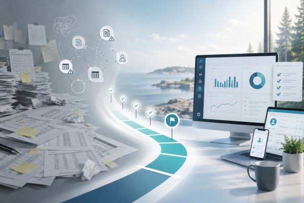 Visualisering av hur ett företag går från manuella arbetssätt och Excel till bättre struktur, rapportering och kontroll i Business Central.